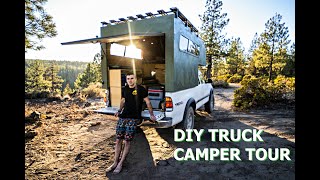 HOMEMADE TRUCK CAMPER TOUR  Tips for a Lightweight Build On A Budget [upl. by Olemrac171]