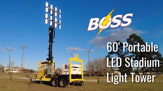 60 Foot LED Portable Stadium Light Tower Aerial Demo  Boss Light Tower Rentals [upl. by Elbys974]