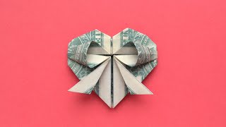 My MONEY HEART WITH BOW  Dollar Origami for Valentines Day  Tutorial DIY by NProkuda [upl. by Ambrogio]