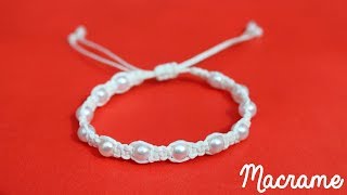 Como hacer una Pulsera de hilo simple con perlas✧ NUDO PLANO Macrame [upl. by Enelear]