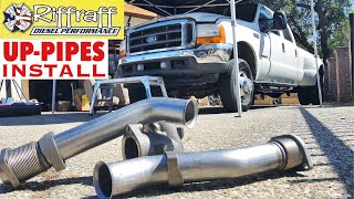 2001 F350 73  RiffRaff UpPipes Install  Stock up pipes leaking and falling apart JUNK SP [upl. by Sharona]