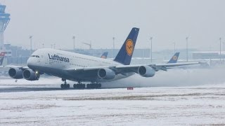 Airbus A380 Snow departure Lufthansa A 380 creating a snow storm HD [upl. by Shulman]