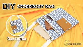 DIY TripleZip CROSSBODY BAG  Multi Pockets Hipster Bag Tutorial sewingtimes [upl. by Beetner674]