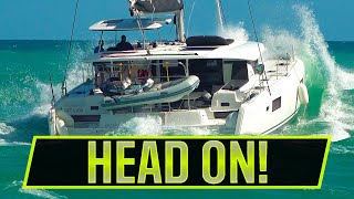 LARGE CAT SMASHES ROUGH SEAS HEAD ON  ROUGH INLETS  Boats at Jupiter Inlet [upl. by Aihsot]