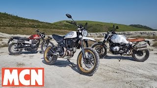 MCN Scrambler Group Test  Review  Motorcyclenewscom [upl. by Argella]